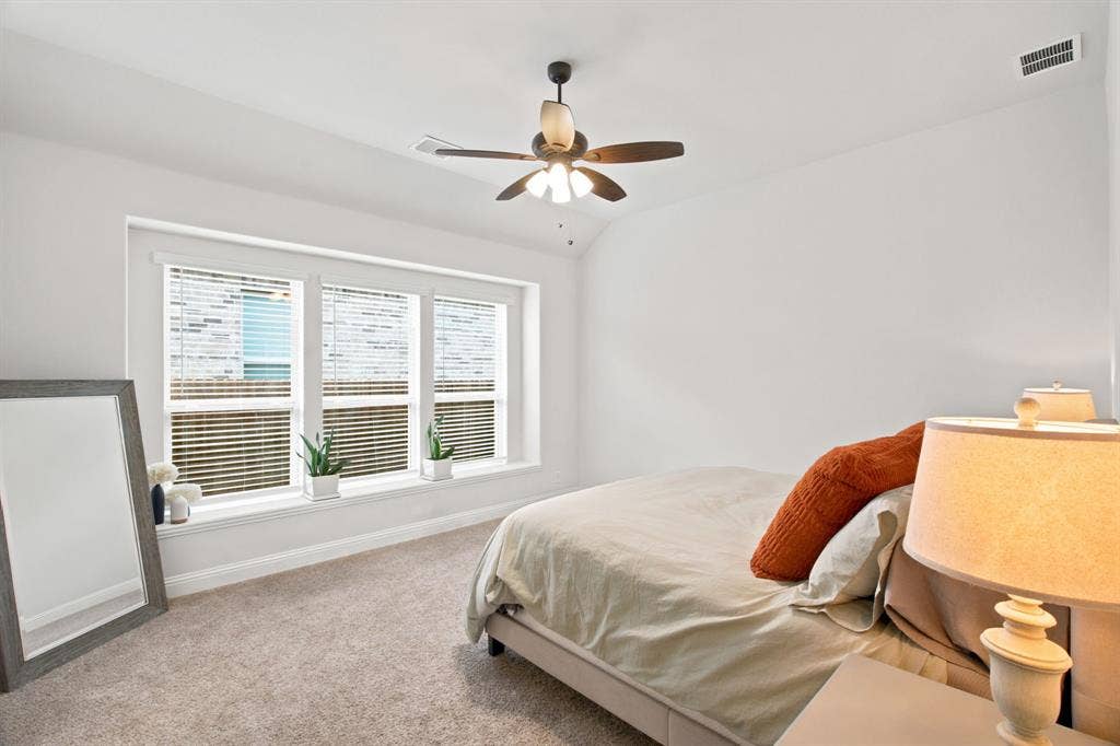 1218 Misty Ridge Drive, Justin, TX 76247 Tray ceiling, ceiling fan, triple windows, white window trim, and neutral carpeting