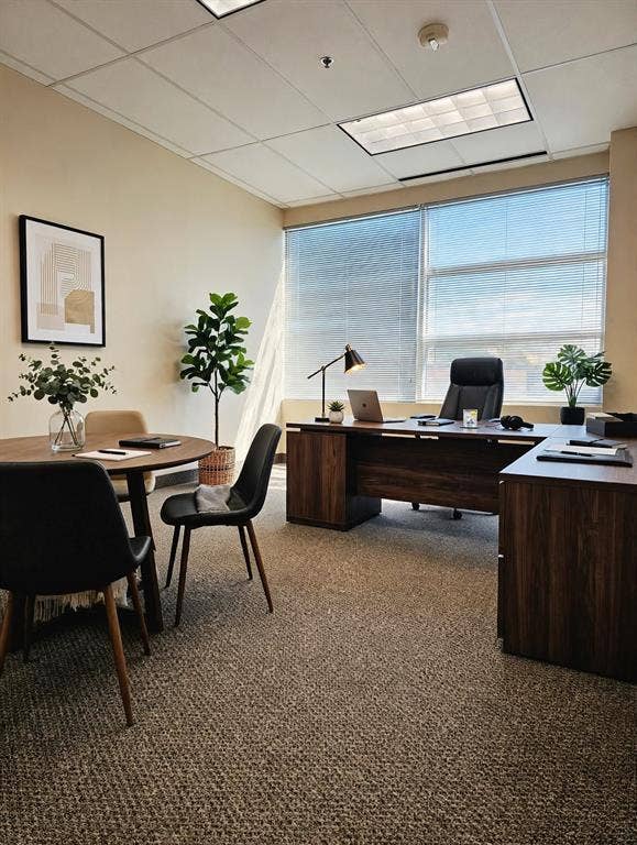 1675 Republic Parkway, #201A, Mesquite, TX 75150 Commercial office space featuring textured carpet, a built-in wood-finish desk, and large windows with blinds