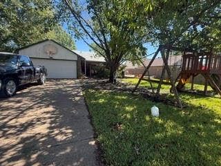 Attached garage with white door