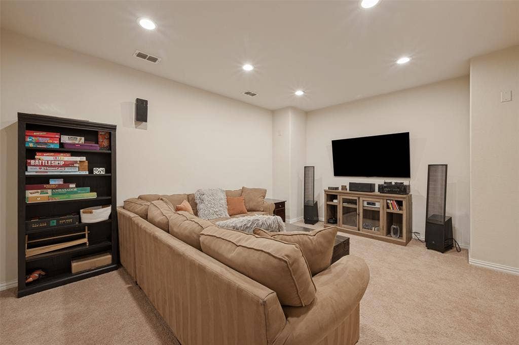741 Darian Drive, Prosper, TX 75078 Recessed lighting illuminates this room featuring wall-to-wall carpeting