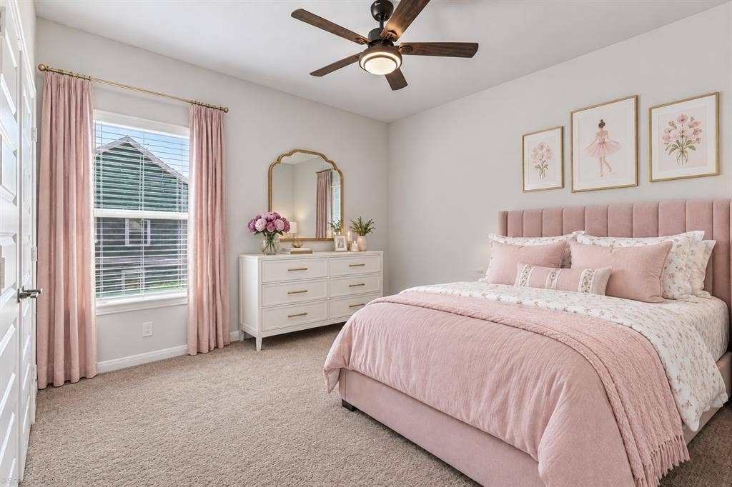 2601 Lafayette Drive, Rowlett, TX 75088 Recessed lighting, ceiling fan with integrated lighting, window with blinds, carpeted flooring, and a paneled door