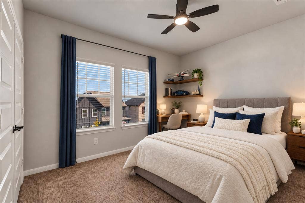 2601 Lafayette Drive, Rowlett, TX 75088 Dual windows with blinds, a ceiling fan with integrated lighting, and carpeted flooring