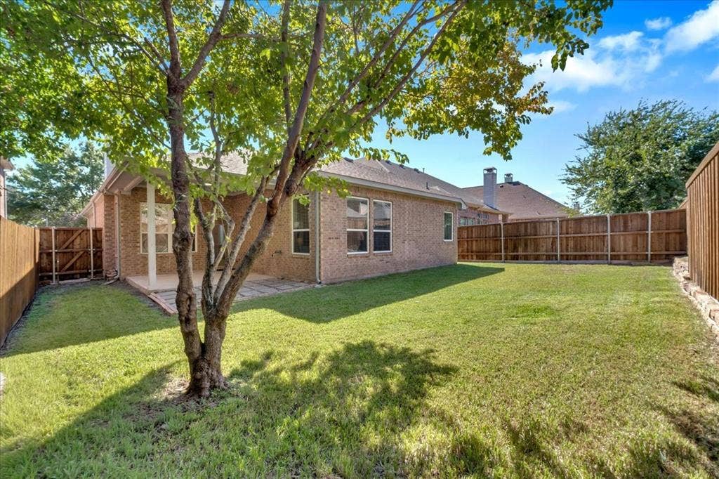 5612 Hampshire Drive, McKinney, TX 75070 Expansive green lawn with a mature tree, privacy fencing, and a covered patio