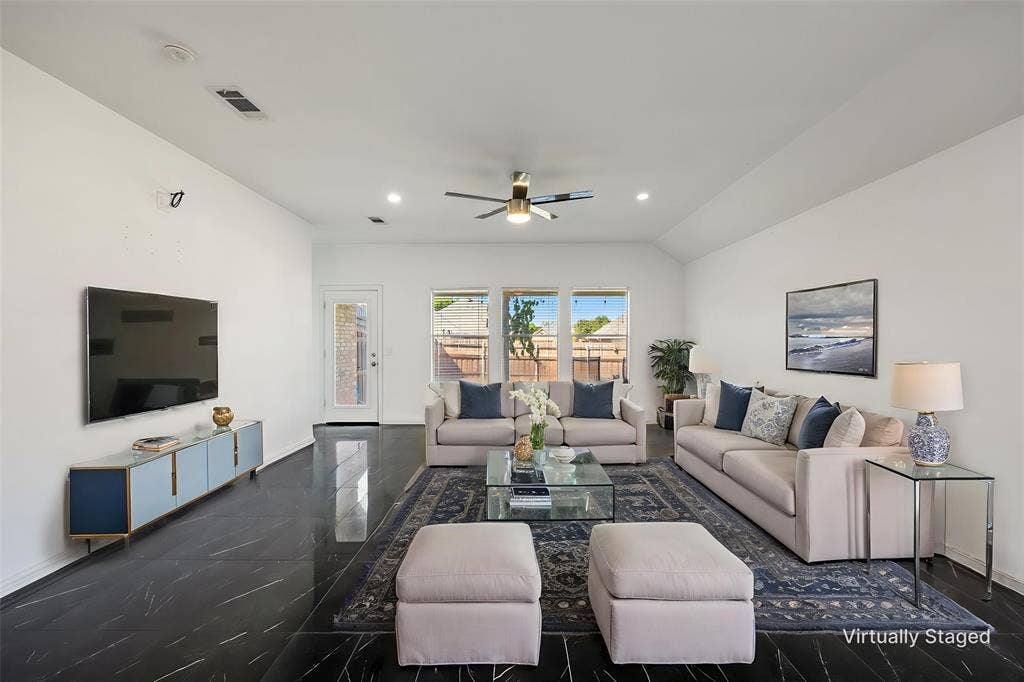 221 Cliffbrook Drive, Wylie, TX 75098 Vaulted ceiling with recessed lighting and ceiling fan