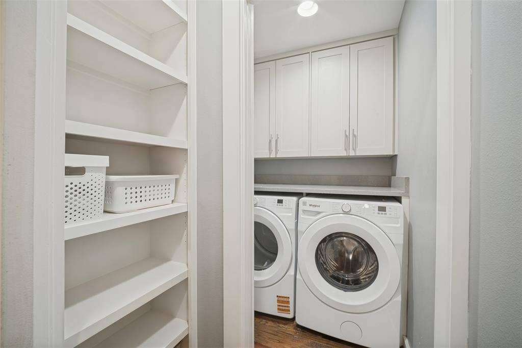 3209 Karla Drive, Mesquite, TX 75150 Built-in shelving, white shaker-style cabinetry, and a countertop surface above appliances