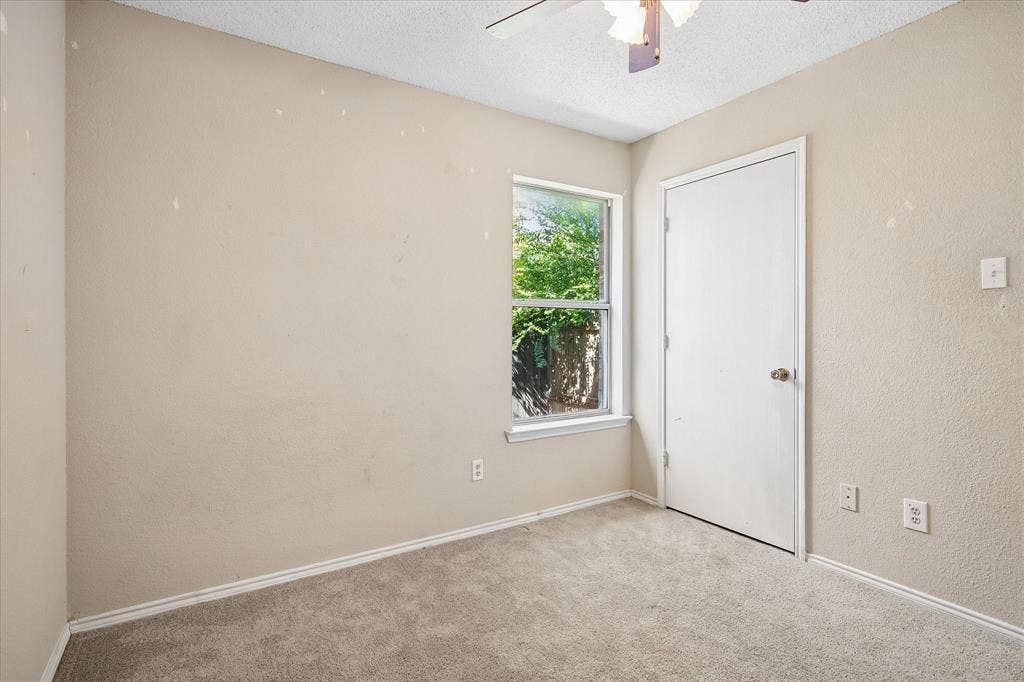 Carpeted flooring, single window, flush-panel door, ceiling fan with light fixture