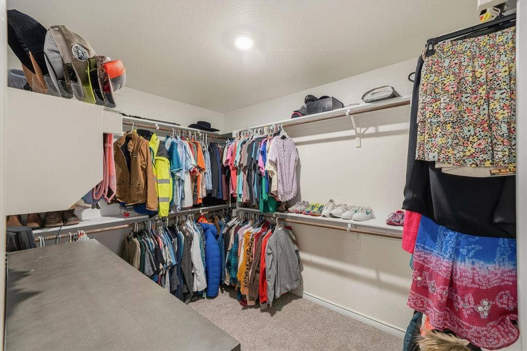 202 Buckboard Lane, Caddo Mills, TX 75135 A wide-angle view reveals the expansive walk-in closet inside 202 Buckboard Ln, featuring plush neutral carpeting and bright flush-mount LED illumination. Double-hung natural wood rods and painted shelves wrap around the perimeter, offering extensive tiered storage for garments, outerwear, and accessories. A built-in dark gray folding counter provides versatile utility, complemented by dedicated lower hanging space and convenient multi-level shoe shelving on the right wall, delivering an organized, turnkey wardrobe solution tailored for modern residential living.
