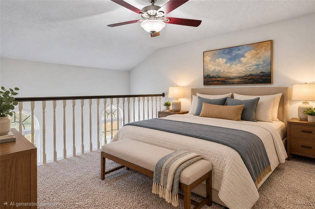 Vaulted ceiling, ceiling fan with light fixture, and wooden balustrade overlooking the level below