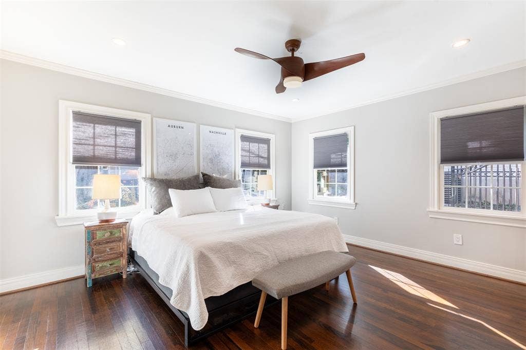 The east-facing primary bedroom effortlessly accommodate a king size bed and more.