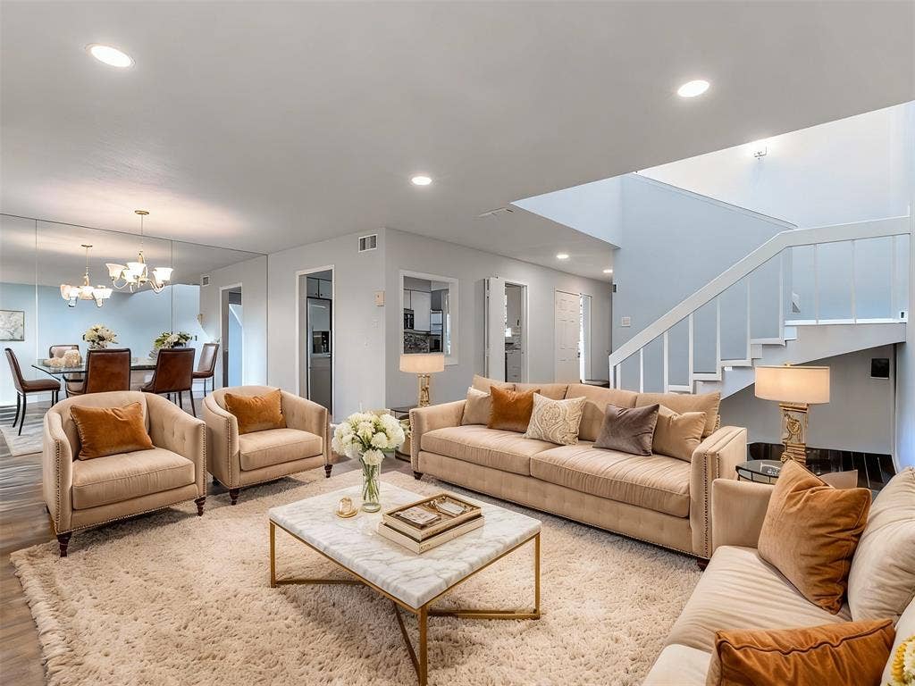 9326 Emberglow Lane, Dallas, TX 75243 Living area with recessed lighting, a chandelier, stairway, and wood finished floors