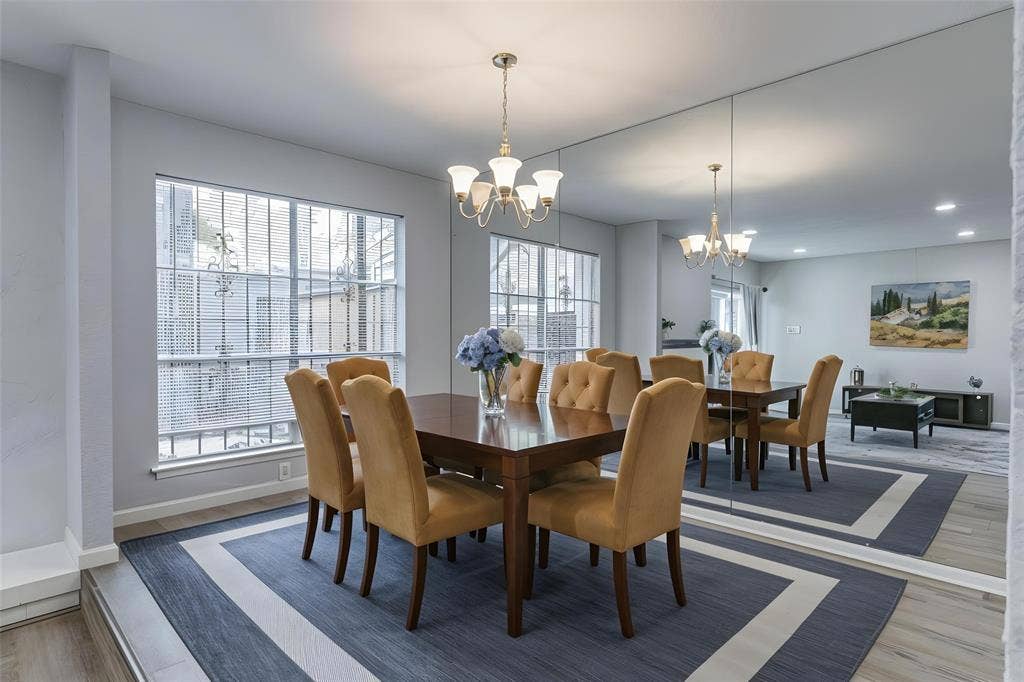 9326 Emberglow Lane, Dallas, TX 75243 Dining room featuring wood finished floors, recessed lighting, and a chandelier