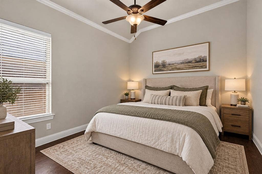 7601 Calhoun Cove, McKinney, TX 75071 Vaulted ceiling with a ceiling fan, crown molding, and wood-finish flooring