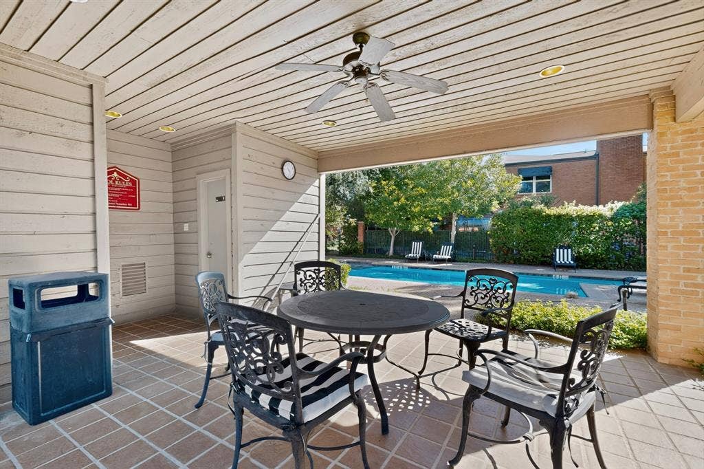 17335 Remington Park Place, Dallas, TX 75252 Community covered outdoor patio with a ceiling fan, recessed lighting, and tile flooring