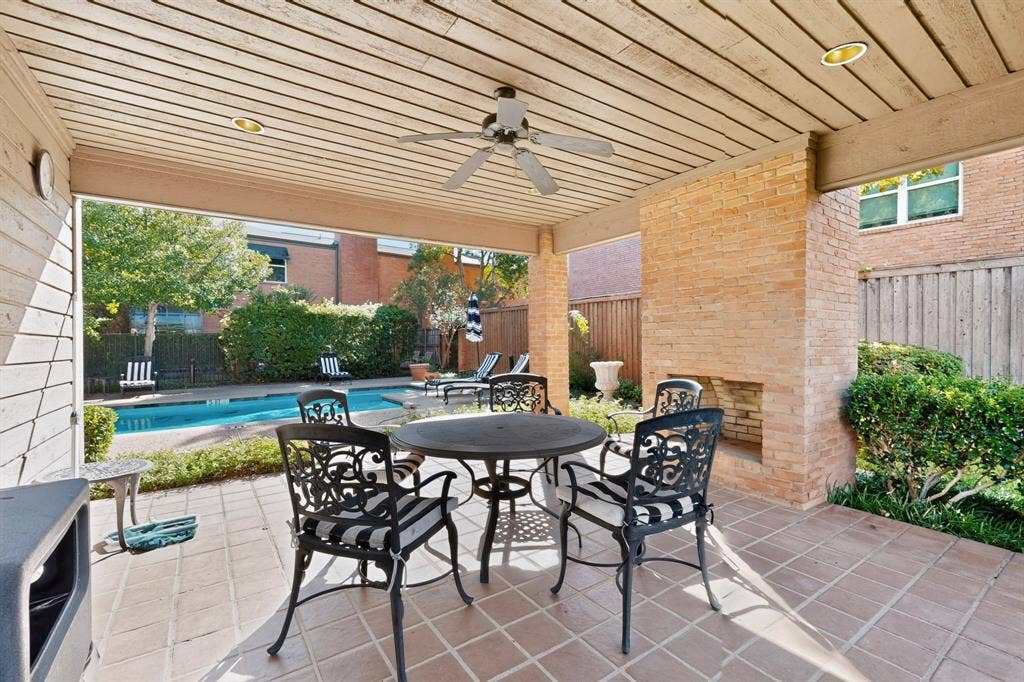17335 Remington Park Place, Dallas, TX 75252 Community covered patio with a wood-plank ceiling, recessed lighting, and a ceiling fan