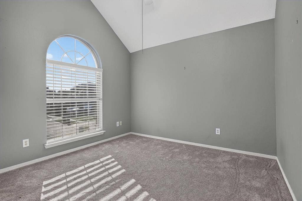 1825 Bachman Court, Plano, TX 75075 Vaulted ceiling, arched window with divided lites, and neutral carpeting