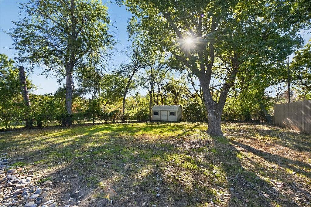 9112 Clearwater Drive, Dallas, TX 75243 Expansive backyard with a manicured lawn, mature trees, and a functional storage shed