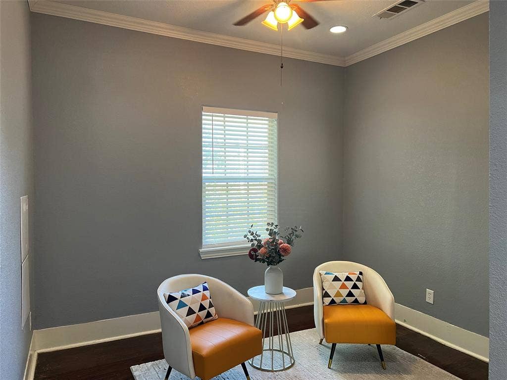 3227 Avenue I, Fort Worth, TX 76105 Recessed lighting, ceiling fan with light fixture, crown molding, and wood-finish flooring