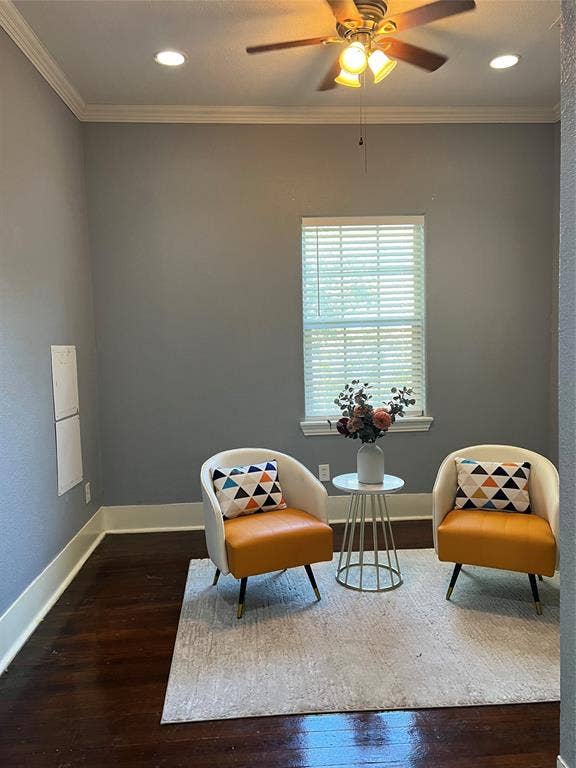 3227 Avenue I, Fort Worth, TX 76105 Dark wood-finish flooring, crown molding, recessed lighting, ceiling fan with light fixture, and window with blinds