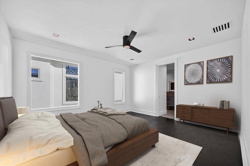6404 Lakehurst Avenue, Dallas, TX 75230 Dark wood-finish flooring, recessed lighting, white walls, and a ceiling fan