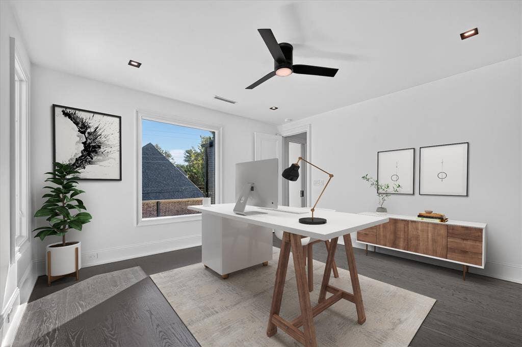 6404 Lakehurst Avenue, Dallas, TX 75230 White walls with dark wood-finish flooring, a ceiling fan, recessed lighting, and a large window