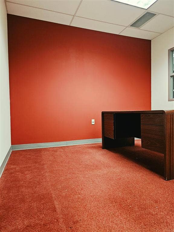 1675 Republic Parkway, #150 and 5 Offices, Mesquite, TX 75150 Recessed ceiling lighting with a grid-patterned tile ceiling, red accent wall, and wall-to-wall carpeting