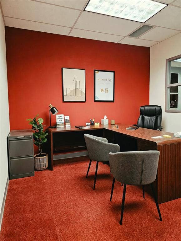 1675 Republic Parkway, #150 and 5 Offices, Mesquite, TX 75150 Recessed lighting, acoustic tile ceiling, window with white trim, red accent wall, and red carpeting