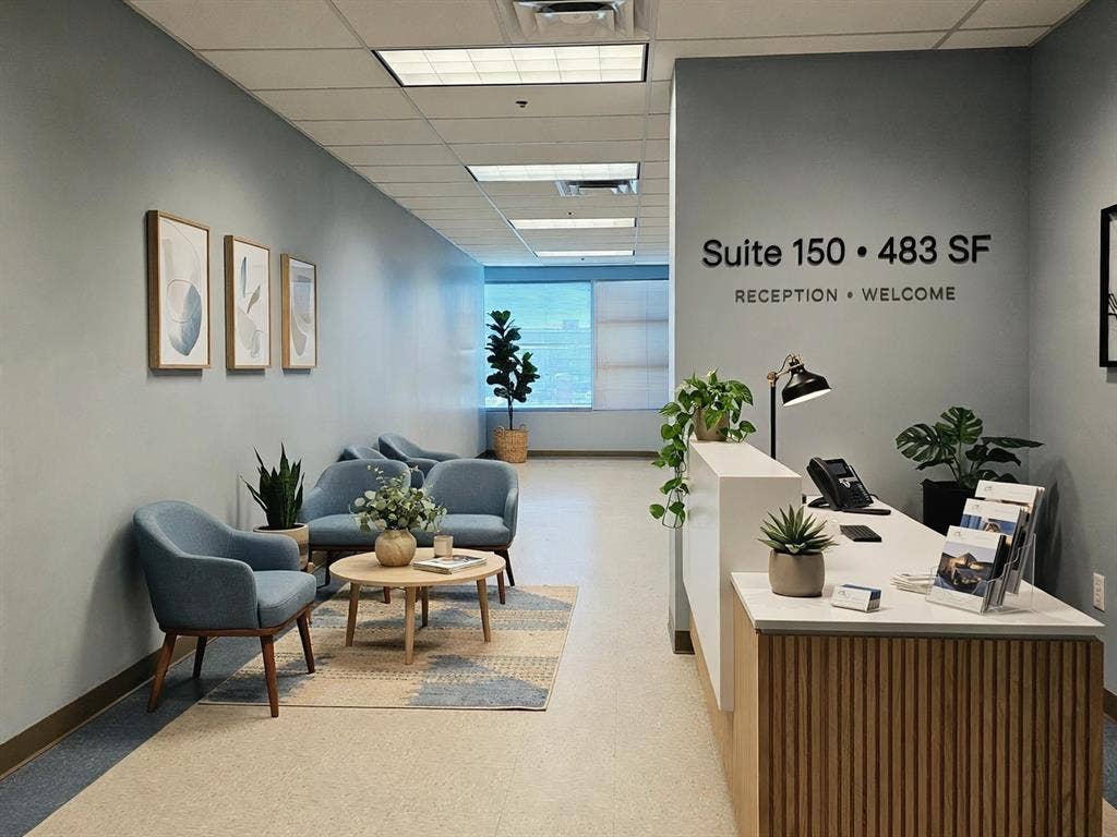 1675 Republic Parkway, #150 and 5 Offices, Mesquite, TX 75150 Reception area featuring a contemporary reception desk with wood-finish fluting, light-toned walls, and overhead lighting