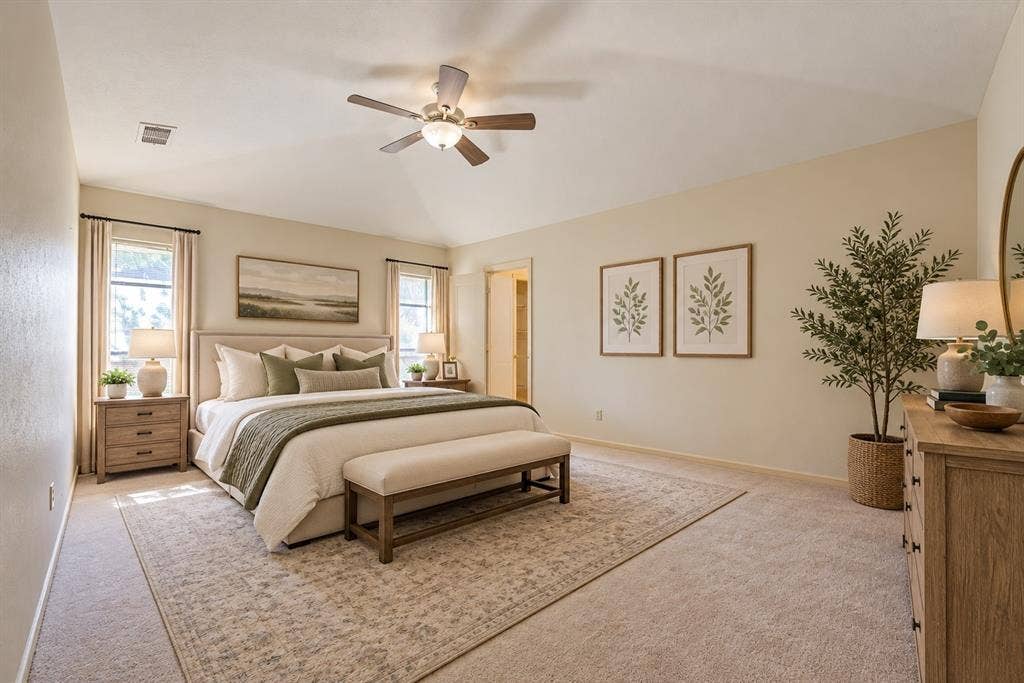 Digitally staged primary suite