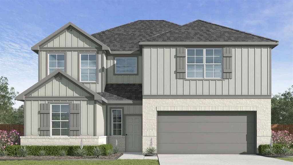 10101 Altair Drive, Waco, TX 76708 Two-story residence featuring a combination of light-colored brick and vertical siding, a dark shingle roof, and a two-car garage