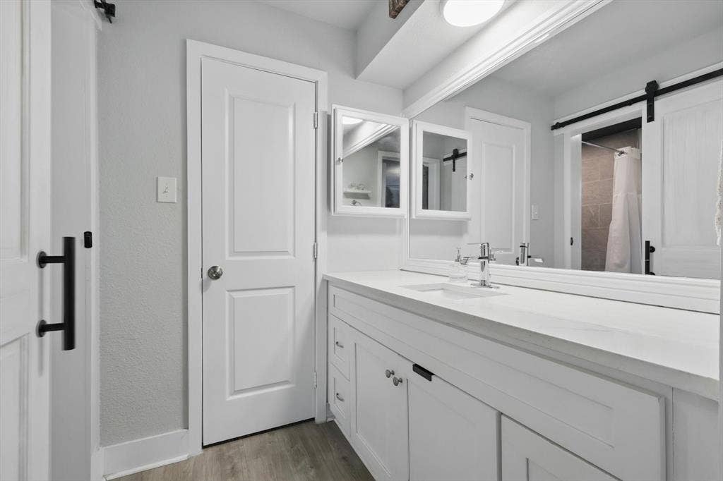 5247 Fm 1569, Farmersville, TX 75442 Modern primary bathroom featuring dual vanities with white cabinetry, an extended countertop with integrated sinks, chrome fixtures, large framed mirror, recessed and linear ceiling lighting, wood-finish flooring, and direct access to the shower area