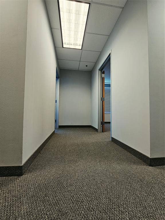 1675 Republic Parkway, #201B, Mesquite, TX 75150 Corridor featuring textured carpeting, white walls, black baseboards, and a dropped ceiling with recessed lighting