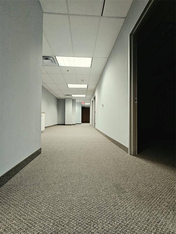 1675 Republic Parkway, #201B, Mesquite, TX 75150 Hallway with commercial-grade carpeting, drop ceiling with integrated lighting, light-toned walls, and dark baseboards