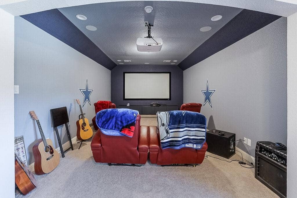 Dedicated media room with projection screen, ceiling-mounted projector, recessed lighting, and sloped ceiling accents