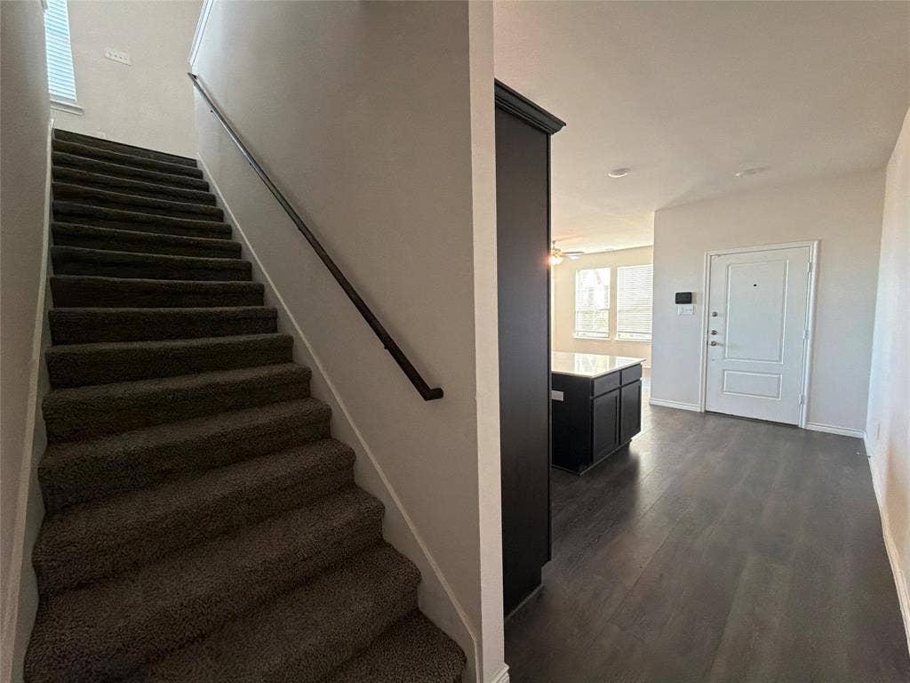 Carpeted staircase with a dark-finished handrail, wood-finish flooring, and solid-panel entry door