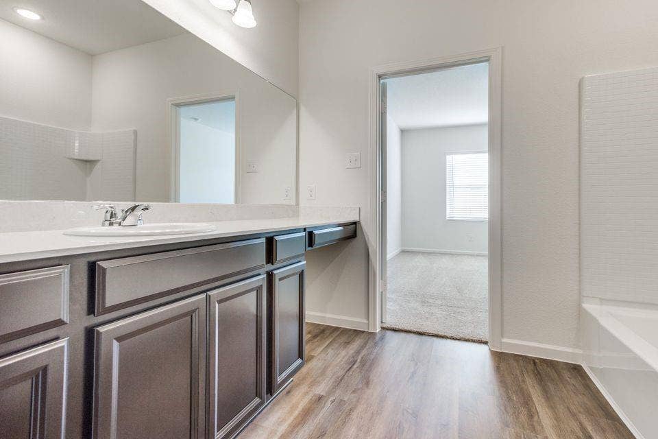 212 Briar Cove, Anna, TX 75409 Wood-finish flooring, vanity with integrated sink, expansive vanity mirror, light-toned countertop, and recessed lighting