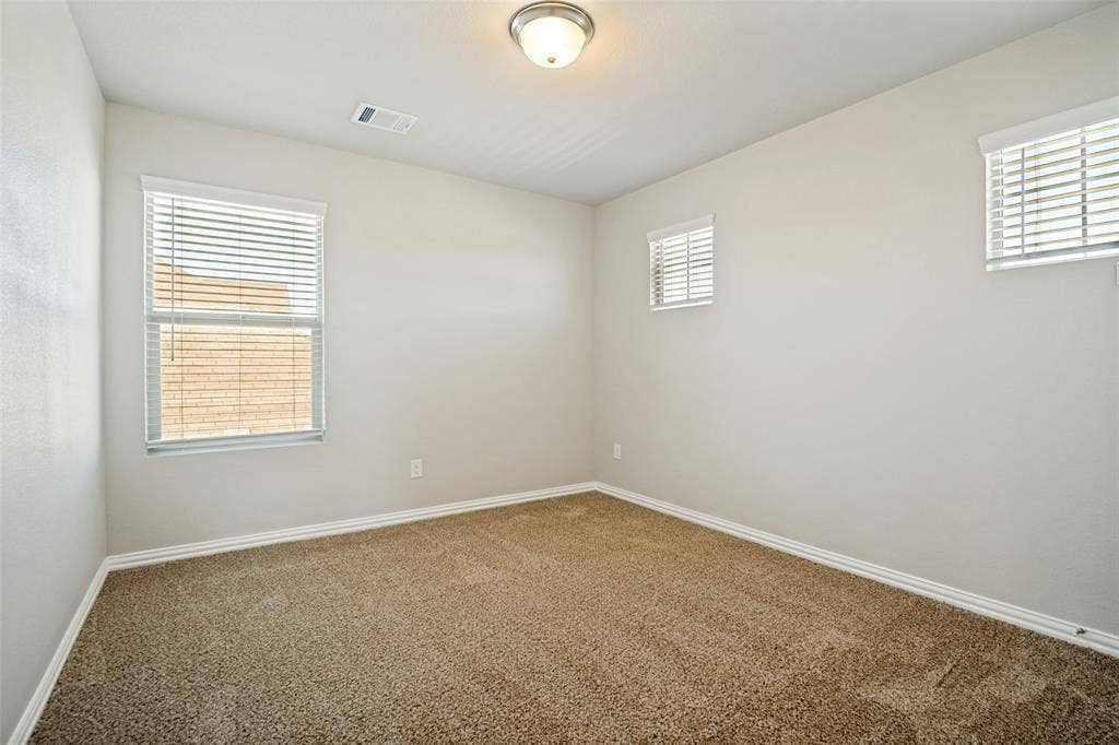 Neutral toned walls with carpeted flooring, multiple windows featuring blinds, and a flush mount ceiling light fixture