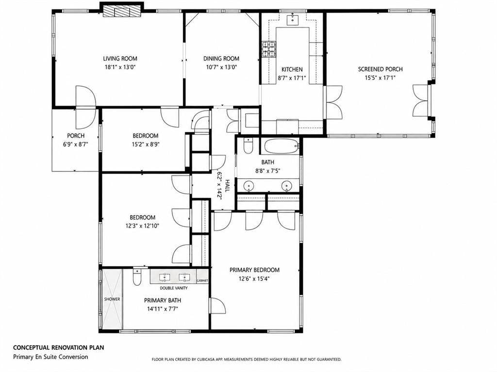 2307 Lawndale Drive, Dallas, TX 75211 Floor plan showing ensuite imagined where the current enclosed side porch is.