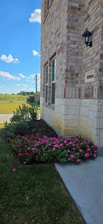 3904 Malachite Drive, Celina, TX 75009 Brick and stone facade featuring a decorative wall-mounted light fixture, address numbers, and ground-level landscaping