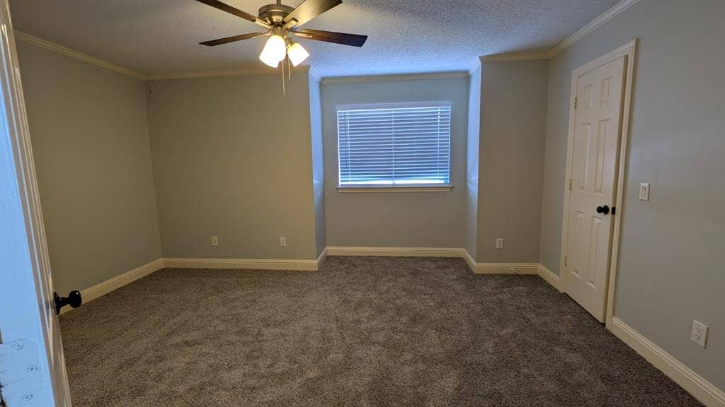 Wall-to-wall carpeting, window with blinds, ceiling fan with light fixture, paneled interior door, and crown molding