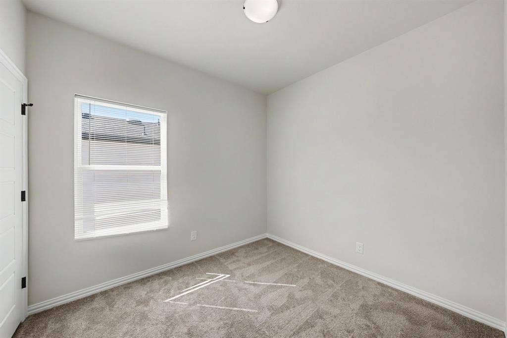 Neutral wall paint, carpeted flooring, white trim, and a flush mount ceiling light