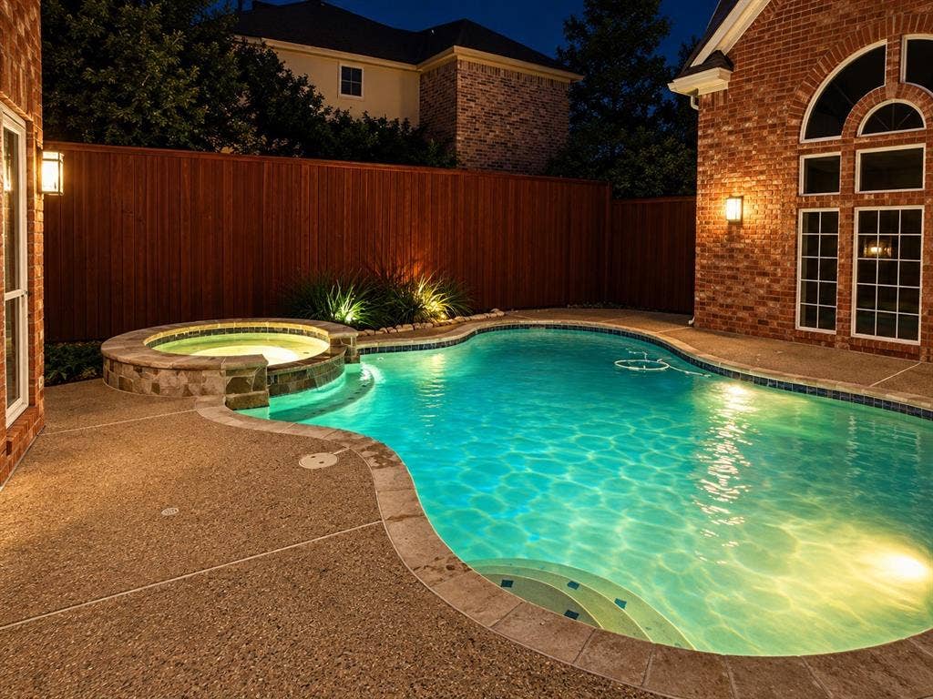 4505 Southgate Drive, Plano, TX 75024 Curved swimming pool with integrated spa and stone surround