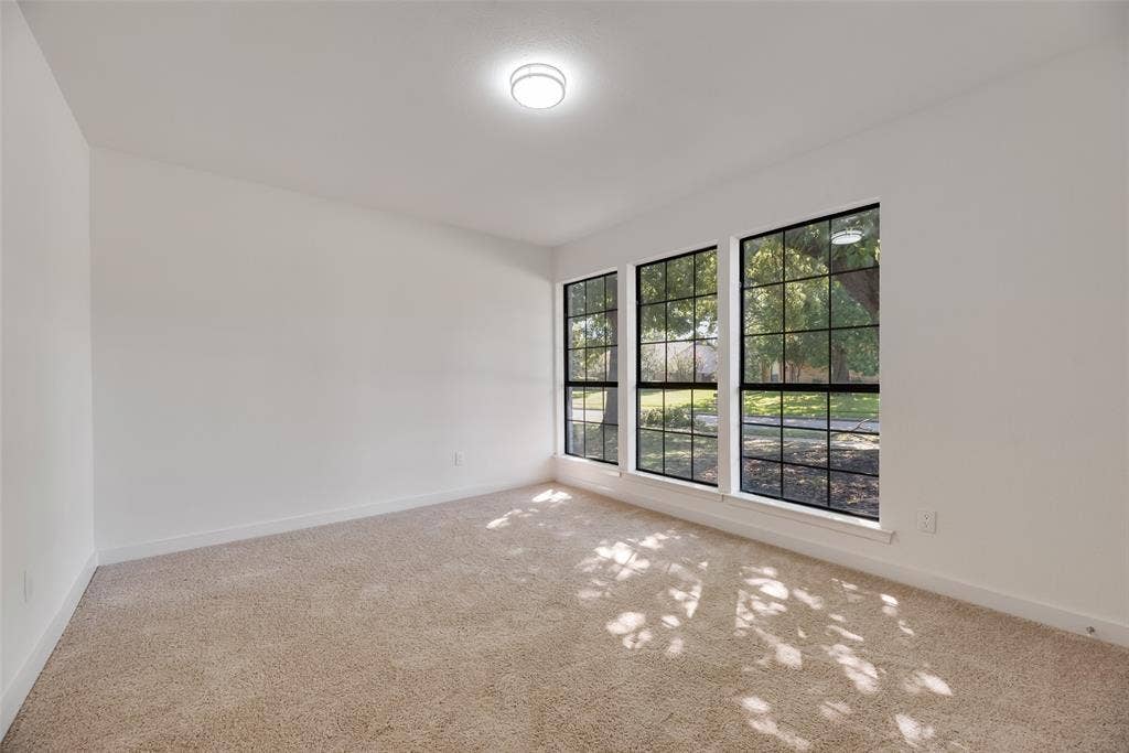 1903 Clemson Drive, Richardson, TX 75081 Neutral wall finishes, plush carpet flooring, three large windows, and a flush-mount ceiling light