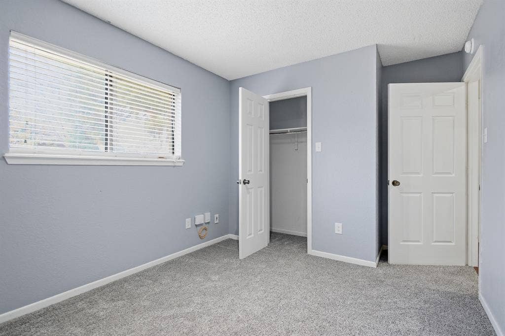 Wall-to-wall carpeting, window with horizontal blinds, built-in closet with hanging rod, and white paneled doors
