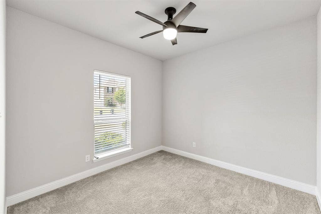 Neutral wall paint, ceiling fan with integrated lighting, window with blinds, and carpeting