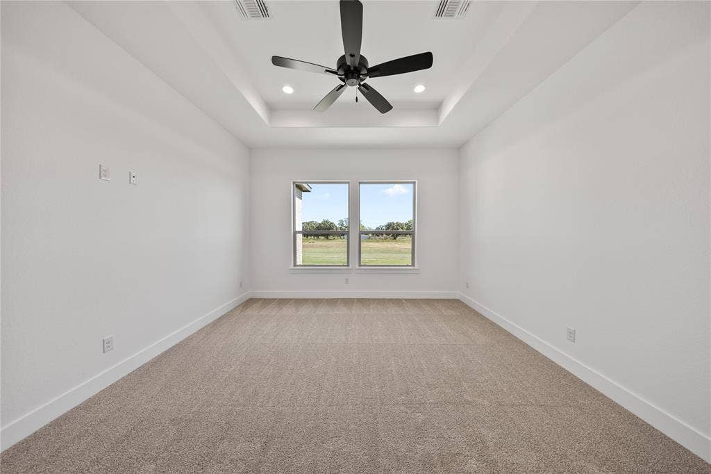 Recessed lighting, ceiling fan, tray ceiling, twin windows, wall-to-wall carpeting