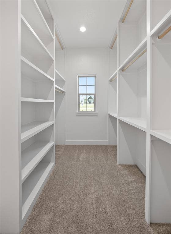 Walk-in closet featuring extensive built-in shelving, hanging rods, recessed lighting, and a neutral carpet