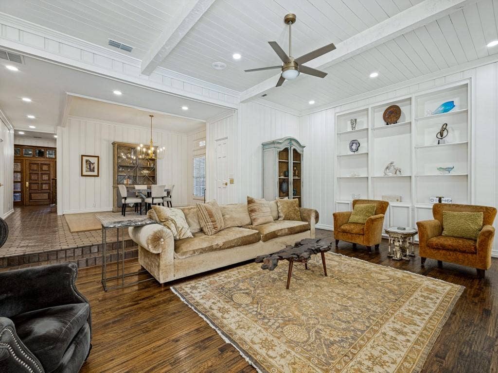 Hardwood flooring, recessed lighting, and a ceiling fan