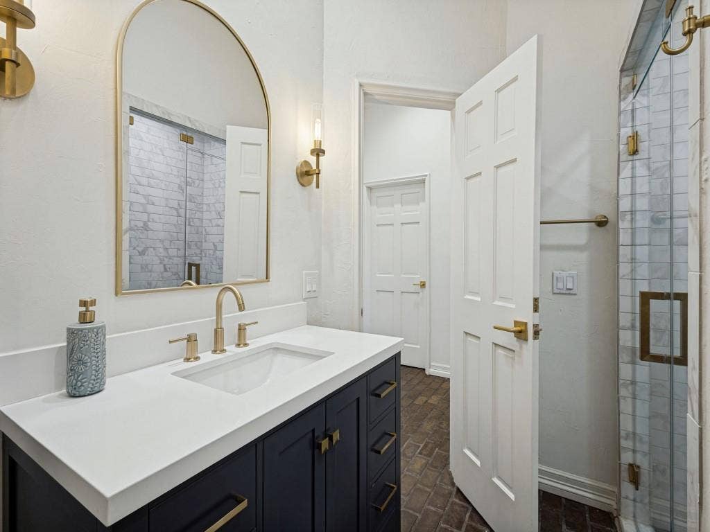 White vanity countertop with an integrated rectangular sink