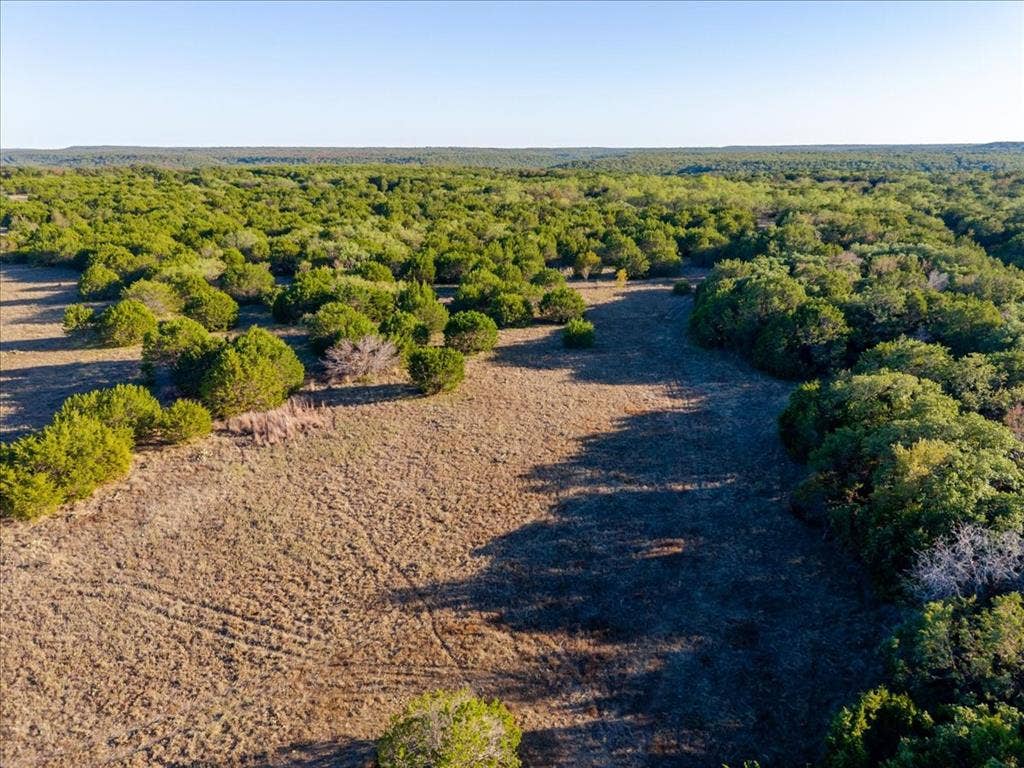 Expansive open land with surrounding wooded areas and clear sky