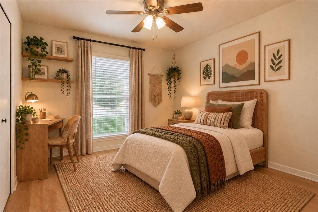 VIRTUAL STAGING, Wood-finish flooring with a ceiling fan light fixture